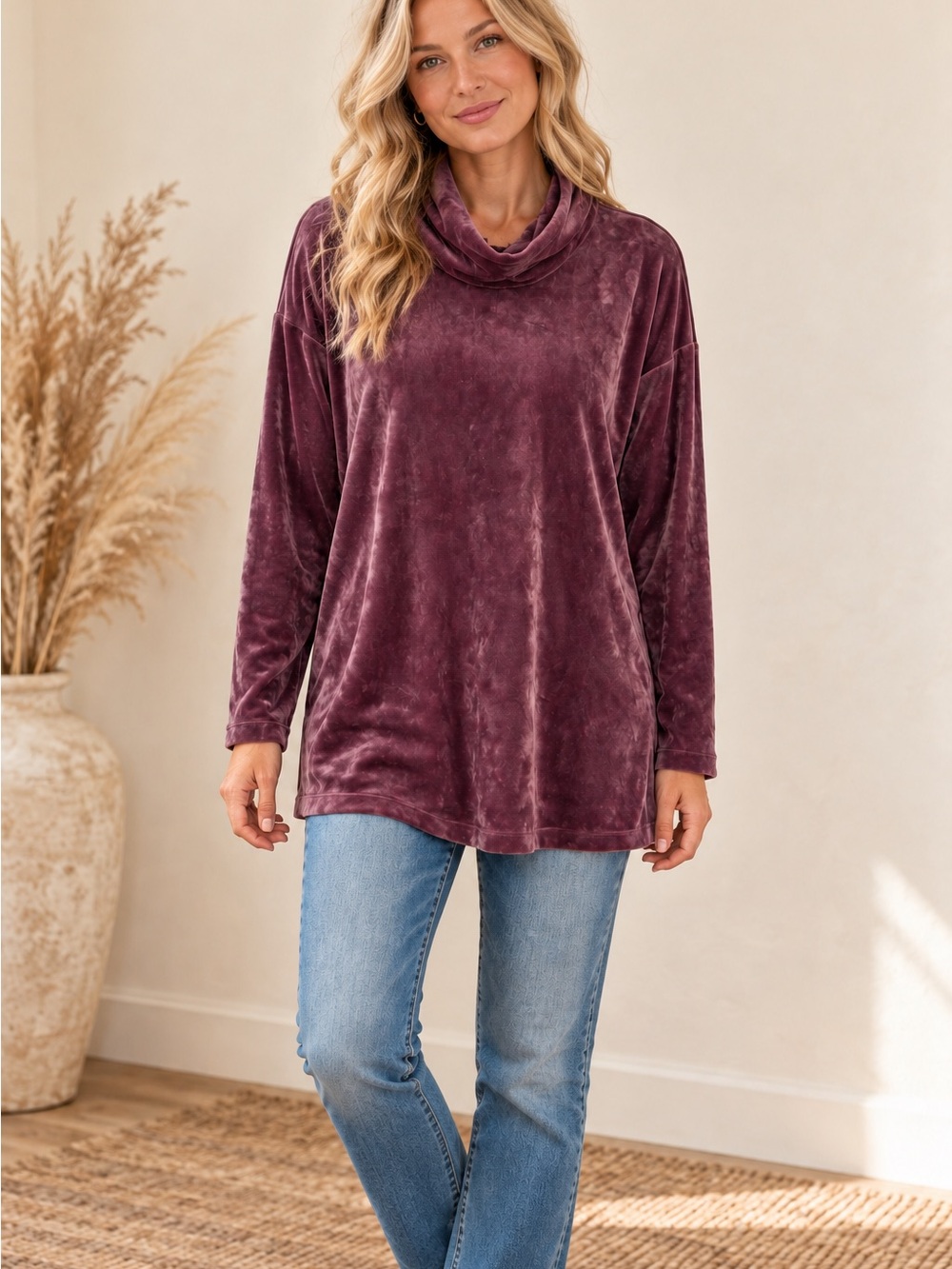 J Jill Cozy Velvet Cowl Neck Sweater - Plum